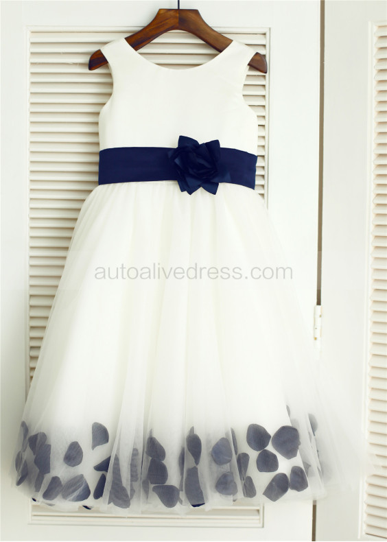 Ivory Satin Tulle Navy Blue Petals Knee Length Flower Girl Dress 